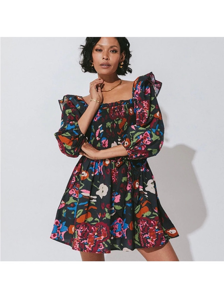 Cleobella Black Multi Floral Smocked Puff-Sleeve Mini